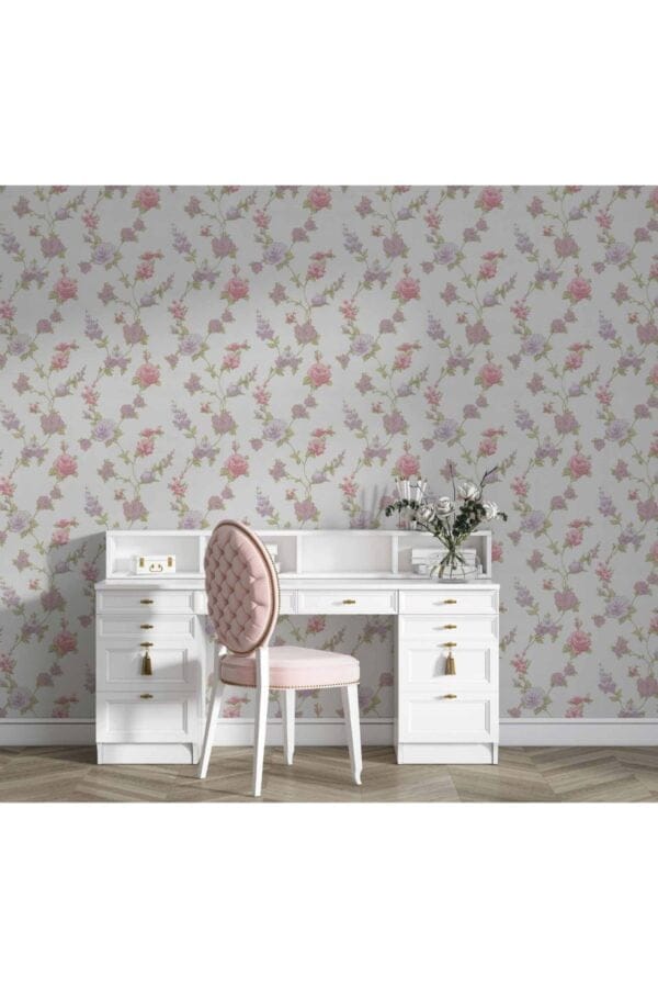 Saka 77-1 Pembe Ve Mor Çiçek Desenli Duvar Kağıdı - Görsel 1